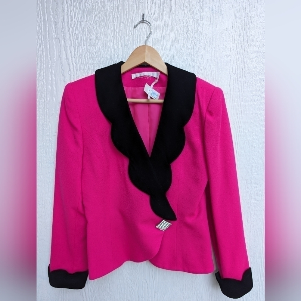 Vintage Union Made Label Barbiecore Magenta Pink Velvet Trim Rhinestone Blazer 6